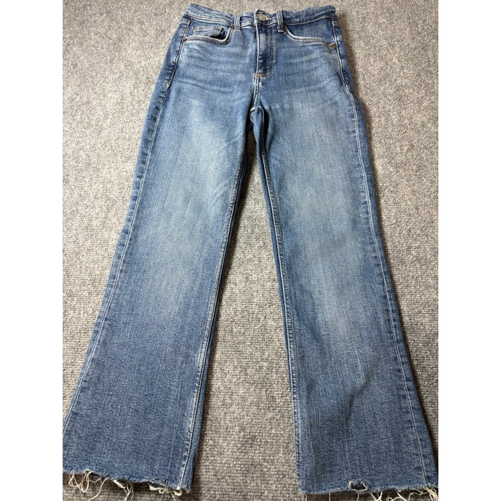Zara Women Blue High Waisted Straight Leg Jeans Raw Hem Size 4 Medium Wash